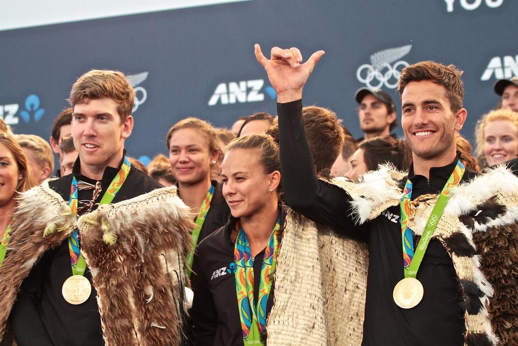 Peter Burling and Blair Tuke with Lisa Carrington (Kayaking) Olympics 2016 - Day 12 - Auckland - NZ Sailors return home - August 24, 2016 © Richard Gladwell www.photosport.co.nz